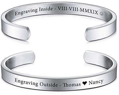 VIBOOS Personalisierte Armband Gravur Name Datum Identifizierung Armreif für Frauen Männer Benutzerdefinierte Edelstahl Verstellbare Inspirierende Manschette Geburtstag Schmuck