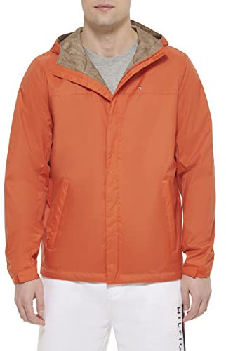 Tommy Hilfiger Lightweight Breathable Waterproof Hooded Rain Jacket Imperméable, Orange/Soir en Zigzag (Chevron Sunset), XXL Homme