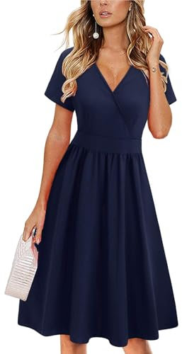 VOTEPRETTY Sommerkleid Damen Knielang Kleid Kurzarm V Ausschnitt Wickelkleid Blumen Midikleid mit Taschen(Marine,M)