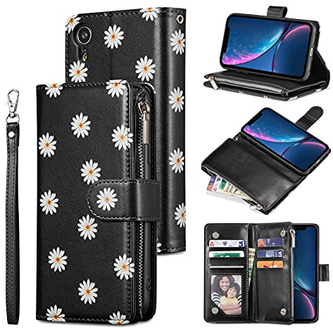 UEEBAI Wallet Case for iPhone XR, Premium Vintage PU Leather Magnetic Closure Handbag Zipper Pocket Case Kickstand Card Holder Slots with Wrist Strap TPU Shockproof Flip Cover - Black#4