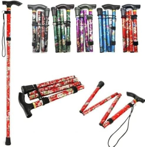 CRYSTAL CROWN® Verstellbarer und faltbarer Gehstock, leicht – bequemer Griff, langlebig, Gehhilfe, Mobilitätshilfe, zusammenklappbarer Gehstock (Schwarz mit Blumen)