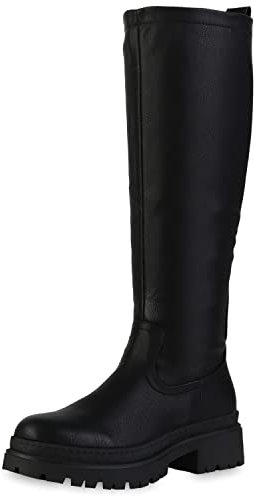 VAN HILL Damen Leicht Gefütterte Plateaustiefel Profilsohle Stiefel Plateau Vorne Schuhe Blockabsatz Freizeit Boots 208730 Schwarz 41