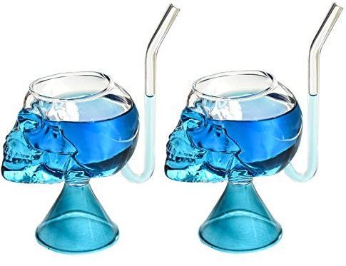 NFNSIG Lot de 2 verres à cocktail en forme de tête de mort - 200 ml - Avec paille intégrée - Pour vin, champagne, jus, maison, bar, fête