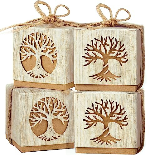 50pz Scatoline Portaconfetti Bomboniere Albero della Vita Scatole Comunione Matrimonio Cresima Carta Regalo Bambini con Corda Iuta Decorazione Confetti per Festa Battesimo Nascita (50)
