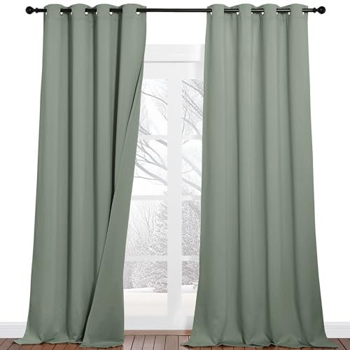 PONY DANCE Dreilagige Lichtundurchlässige Vorhänge mit Ösen Übergardinen 2er Set H 240 x B 132 cm 100% Verdunklungsgardine Thermovorhang gegen Hitze Schallschutz Vorhang mit Filzfutter, Salbeigrün