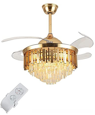 HWSY Ventilador de Techo de Cristal LED Moderno con luz Ventilador Invisible Lámpara de araña con Control Remoto con aspa retráctil Lámpara de Techo Ventilador Regulable 3 velocidades del Viento