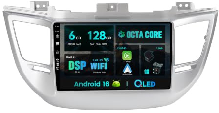 SXAUTO - 6G+128G - Android 16 IPS Autoradio para Hyundai Tucson (2014-2018) - Inalámbrica CarPlay/Android Auto/DSP - LED Cámara + Mic - Dab 360-CAM Volante Fast-Boot WiFi AHD - 9 Pulgada 2 DIN