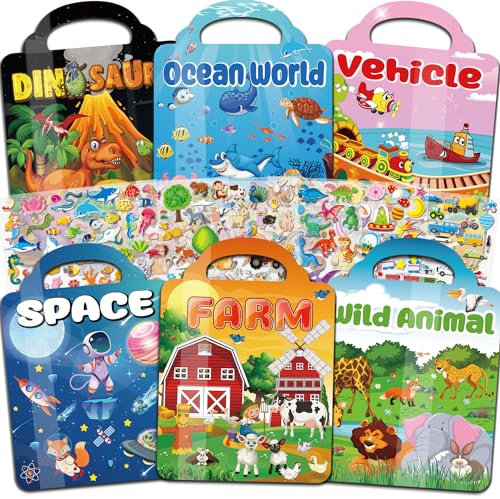 OSIMIG 6 Set Wiederverwendbare Stickerbücher, 300+ 3D Puffy Aufkleber, Sticker Kinder Stickerbuch ab 2 Jahre-4 Jahre: Dinosaurier,Tiere,Unterwasserwelt,Bauernhof,Weltraum,Fahrzeug, Geschenk für Kinder