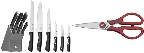 WMF Messerblock mit Messerset 7-teilig, Küchenmesser Set mit Messerhalter & Touch Küchenschere 21 cm, Haushaltsschere mit Sägeschliff, Schere Küche, Cromargan Edelstahl, Softgriff, rot