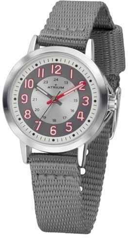 Atrium Kinder Armbanduhr Jungen Analog Quarz extra deutlich mit Nylonband Textilband Silberfarben Stahlgrau A46-10