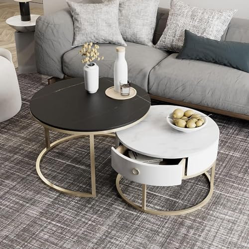 GArcan Couchtisch, moderner Couchtisch, 2er-Set, 61 cm, stapelbare Couchtische mit Schubladen, runder Tisch mit Marmor-Finish, Metallsockel für kleine Räume, S