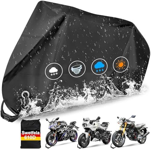 Swetfela 610D Funda Moto,XXL Funda Moto Impermeable, Funda para Moto Tejidos Oxford,Funda para Moto Exterior Impermeable con Orificios de Cierre y Correas de FijacióN 245 * 105 * 125 cm Ferroso