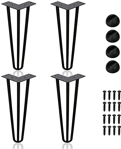 SWANEW Lot de 4 pieds de table en métal noir avec pieds à 3 barres - Pour bureau, table et table basse - Pieds de table en épingle à cheveux avec protections de sol et vis (20 cm)