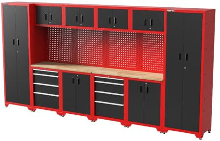 FEISTOS Werkstatteinrichtung | Werkzeugschrank Juno 11 | inkl. Lochwand | Schwarz/Rot | 396x46x198 cm