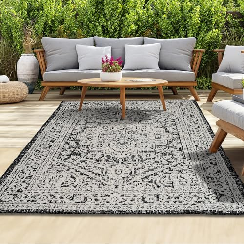 homeart Outdoor Rug - Easy-Clean, Durable, Stain-Resistant, Weather & UV Resistant Indoor & Outdoor Rugs for Porch, Deck, Balcony, Garden, Picnic and Patio | Medallion Black, Cream - 200x290cm