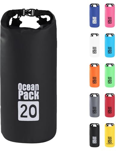 20L Schwarz Wasserdichte Tasche,Dry Bag 2L/5L/10L/15L/20L/30L mit Verstellbarem Gurt,Schützt Telefon/Karte, Roll Top Wasserdichter Beutel Rucksack für Schwimmen/Rafting/Kajak/Bootfahren/Camping/Strand