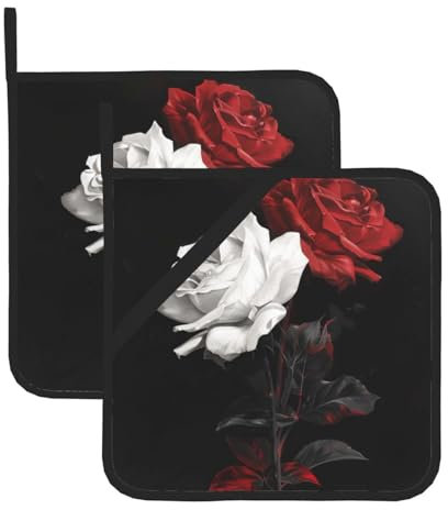 Quadratische Topflappen mit schwarzen, weißen und roten Rosen, 2 Stück, hitzebeständige Küchen-Pads zum Kochen, Backen, Grillen