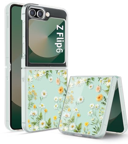 Gronda Clear Phone Case for Samsung Z flip 6 5G Case, Never Yellow Shockproof Protective Slim Soft Drop Protection Cute Women Girls Case Cove for Samsung Galaxy Z flip 6 5G Green Flower