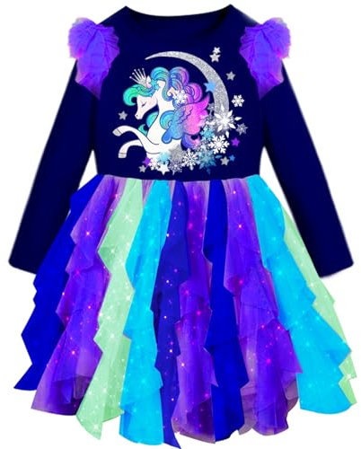 VIKITA Vestito Bambina Stampato Paillettes Principessa Manica Lunga Elegante Tulle Abiti LH2317 Rosa 5-6anni