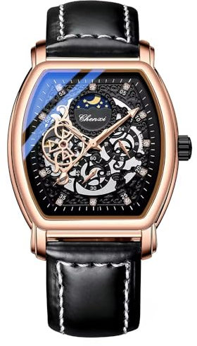 DAXIAOYU Klassisch geschnitztes Zifferblatt, automatische mechanische Herren-Uhr, wasserdicht, Mondphase, hohl, Tourbillon-Uhren, luxuriöses Tonneau-Lederband, Business-Herrenarmbanduhr, Schwarz,