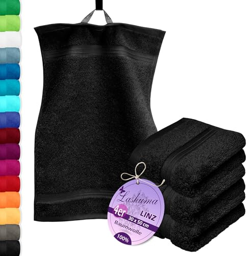 Lashuma Gästehandtücher Set 30x50 cm 4 teilig, Linz Frotteetücher fürs Bad Schwarz