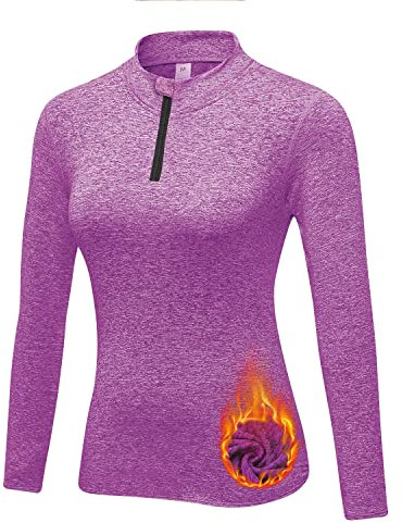 WOWENY Funktionsshirt Damen Langarm Laufshirt Winter Thermooberteil Sweatshirt Damen Ohne Kapuze Langarmshirt Sportshirt Fitness 1/4 Zip Wandershirt Atmungsaktiv U-Lila L