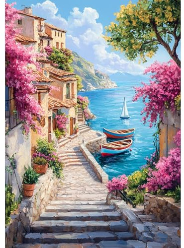 QENSPE 5D Bricolage Diamond Painting Paysage, Kit Peinture Diamant Adulte, Bord de Mer Diamond Painting Broderie Kit Complet, Ville Diamond Art Point de Croix Maison Murale Decor 30x40 cm