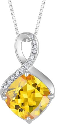 FJ Citrin Kette Damen 925 Sterling Silber Unendlichkeit Halskette Prinzessschliff Quadrat Anhänger November Geburtsstein Schmuck Geschenke für Frauen