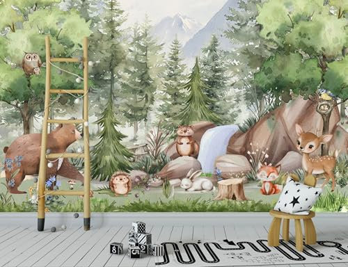 madras24 Papier peint photo animaux de la forêt pour chambre d'enfant, papier peint pour enfants, arbres, décoration murale, papier peint sur mesure aquarelle
