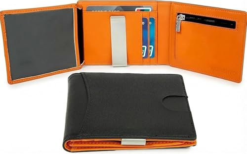 MOIRENTO Men's Leather Wallet – RFID Blocking, Money Clip, Zip Coin Pocket, 8 Card Slots & ID Window – Slim Bifold Wallet Gift for Men, Teenage Boys & Teens – Black & Orange