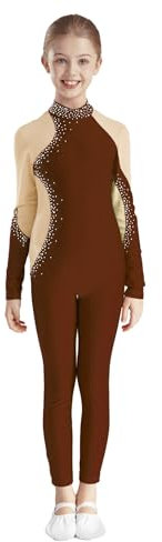 TTAO Kinder Mädchen Ganz Turnanzug Ballettanzug Gymnastikanzug Langarm Ballett Tanz Trikot Strass Einteiler Jumpsuit Overall Ganzkörperanzug Braun 170
