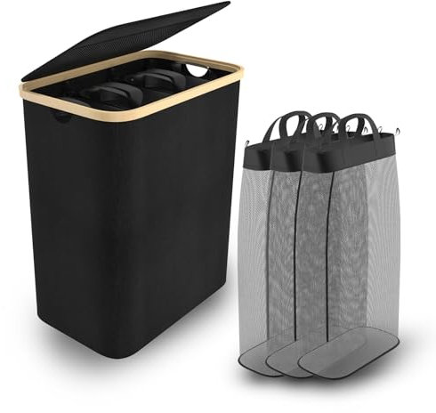 UISEBRT Wäschekorb mit Deckel, Wäschesammler 3 Fächer, 140L Wäschesack Schmal Faltbare Wäschekörbe, Extra großer Wäschesammler aus Bambus, Wäschetonne Wäschetruhe mit Deckel Laundry Baskets (Schwarz)