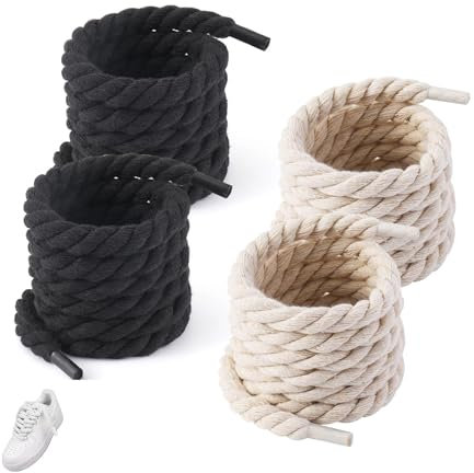 YFaith 8 mm Lacci Scarpe Corda, 2 Paia 140 cm Stringhe Scarpe, Triplo Strato di Cotone Poliestere Lacci Scarpe Grossi, Spesso Nero e Beige Lacci Grossi, per Scarpe Ginnastica e Scarpe Ginnastica