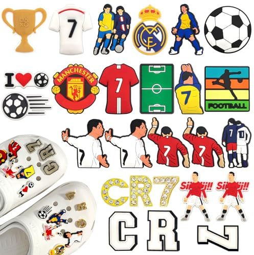 Oirigaga Schuh Charms für Clogs, 26pcs Fussball CR7 Schuhanstecker DIY Schuhanhänger, Fußball Schuh Pins Stecker Aufstecker Anstecker Set, Abnehmbare Shoe Deko Zubehör für Kinder Teenager Erwachsene