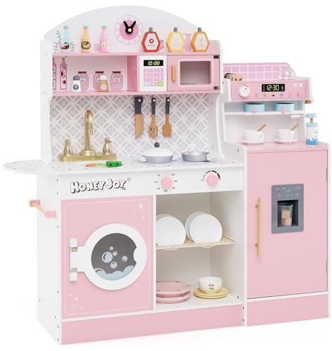 COSTWAY Kinderküche mit 27 Zubehör, Spielküche Holz mit Uhr Mikrowelle Spüle EIS- & Kaffeemaschine Geschirrständer und Waschmaschine, Spielzeugküche für Kinder ab 2 Jahren (Rosa)