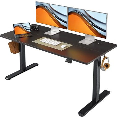 FEZIBO Bureau Électrique Réglable en Hauteur avec Ports de Charge USB-A et USB-C, 140 x 70 cm, Bureau Assis Debout, Ergonomique pour Télétravail, Noir