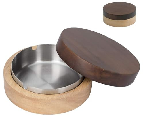 Posacenere da Esterno, Posacenere in legno, Posacenere Antivento con Interno, Posacenere Portatile in Legno con Coperchio, Interno in Acciaio Inossidabile Rimovibile, per Esterni, Interni, Argento