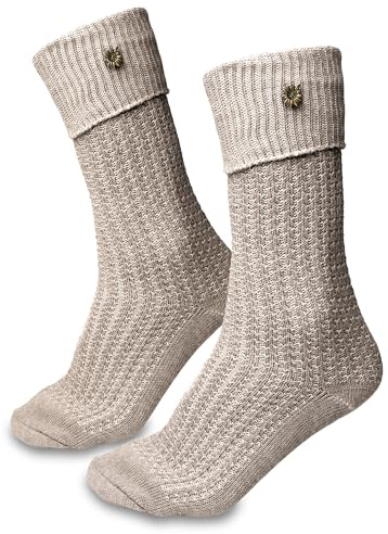 Steigenhöfer Manufaktur Trachtensocken Herren und Damen Lang – Klassische Trachtenstrümpfe im Zopfmuster – Oktoberfest Strümpfe aus Baumwolle für Männer & Frauen – Naturbraun mit Edelweiß – 39-42