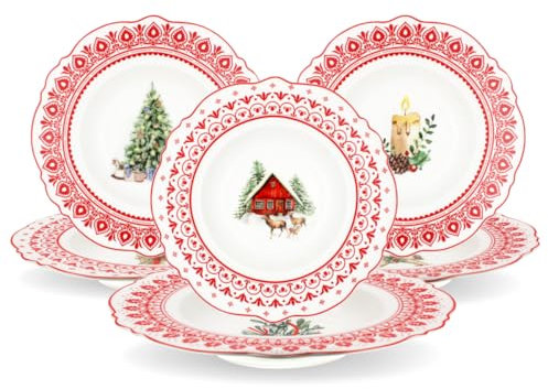 Ard'time - 6 tiefe Teller aus Porzellan, Weihnachtsmotiv, roter Rand, Ø 21,5 x H 5 cm, Kollektion Souvenirs D Antan, traditioneller und festlicher Stil für Wintermahlzeiten
