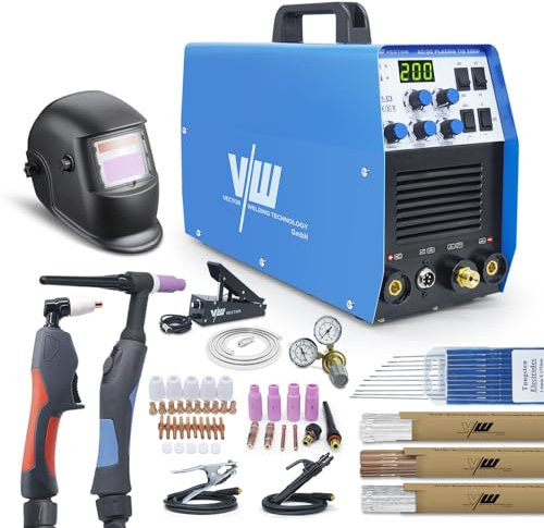 VECTOR WELDING TIG200P - Saldatrice TIG AC/DC 200A + taglierina al plasma da 50 A, incluso casco, pedale e accessori, saldatura in alluminio, funzione di impulso, avanzamento a gas, analogica