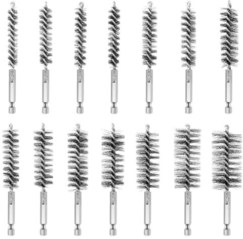 14 Stück Drahtbürste Bohrmaschine Drahtbürste Akkuschrauber Bohrlochbürste Heizkesselbürste mit Sechskantstange 1/4 Stahlbürste Akkuschrauber für Rohrrohr Zylinder Bohrungen Reinigung (8-25mm)