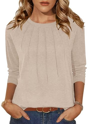 Zeagoo Womens Tops Long Sleeve T Shirts Casual Crew Neck Pleated Tunic Tops | Solid Color Shirts | Fall Lightweight Tshirts | Basic Tunic Tops | Elegant Loose T Shirt | Winter Fashion | S-XXL