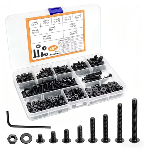 495 PcsVis M4, Vis à Tête Cylindrique Creuse, Boulon et écrous, Boulon Vis à six pans creux à tête bombée Hexagonale Noirs pour métaux avec rondelles
