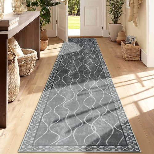 Famibay Teppich Läufer Flur 80x300 Teppich Küche Läufer rutschfest Teppichläufer Flur Waschbar Grau Flurteppich Läufer Lang für Küche Schlafzimmer Wohnzimmer Korridor