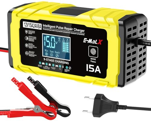 TEKXDD Chargeur Batterie Voitures, 15A/12V & 8A/24V,Chargeur de Batterie Voiture Professionnel avec Compensation température, réparation par Impulsion -pour Voitures,camions et équipements Marins