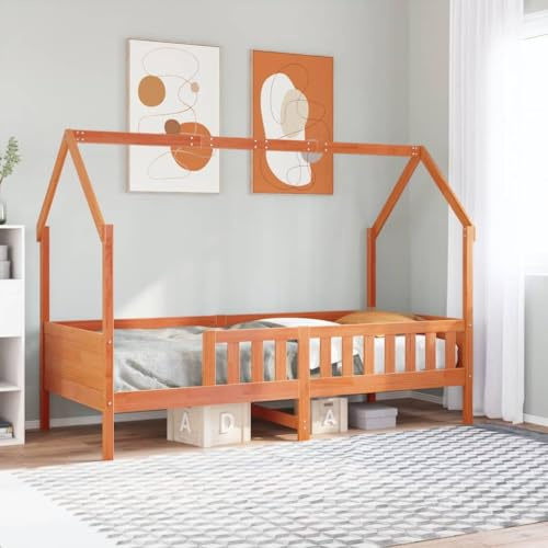Owoxanthellate Kinderbett 80 x 200 Kiefer Massivholz Wachsbraun Hausbett mit Lattenrost und Seitengittern 209 x 85,5 x 146 cm Robuste Bauweise & Langlebigkeit für Kinderzimmer
