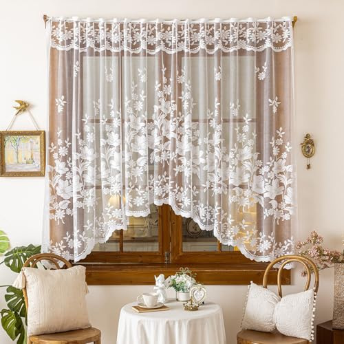 FahrtSeek Spitze Scheibengardinen Modern Bistrogardine, Weiß Kurzgardinen Küchenvorhänge Landhausstil Gardinen mit ösen, Transparent Türgardine 1 Stück (H160 x B300 cm)