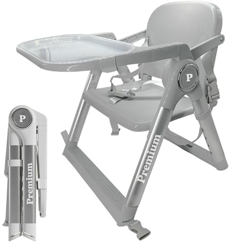 Mobiler Kinderhochstuhl Klappbar 2 in 1, Sitzerhöhung für Stuhl mit Befestigungsgurten, 4-fach Höhenverstellbar, Abnehmbares Tablett, Tragetasche, für Baby 6–36 Monate bis 15 kg (Grau + Silber)