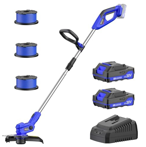 Akku Rasentrimmer mit 2X 2.0Ah Akkus & Ladegerät – Ultraleicht (1,9kg), 30cm Grastrimmer mit 9000RPM & 3 Spulen. Ideal für Rasenkanten & Gartenpflege (Dunkelblau)