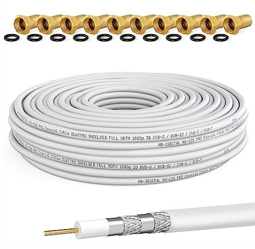 HB-DIGITAL 30m Cable Coaxial HQ-135 Cable de Antena 135dB Cable SAT 8K 4K UHD 4 Veces Apantallado Para Sistemas DVB-S / S2 DVB-C / C2 DVB-T / T2 DAB+ Radio BK + 10 F-Plug GRATIS